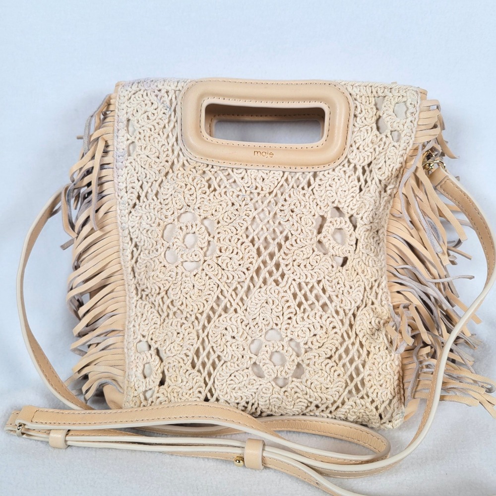 Maje Womens Crocket Knit M Woven Leather Cotton Fringe Shoulder Handbag Beige